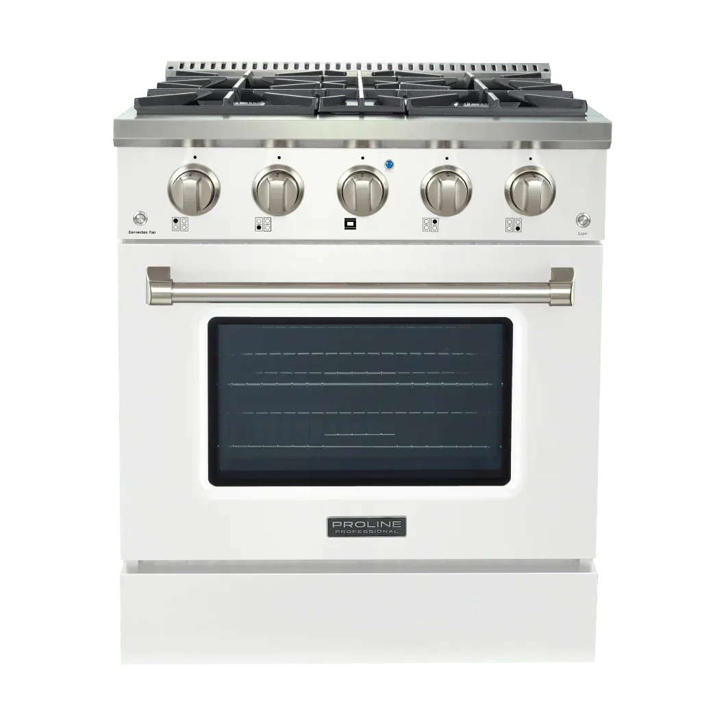 Proline Range Hoods Home & Garden > Kitchen & Dining > Kitchen Appliances > Ranges 30 inches wide / Gloss White Proline PLSR Dual Fuel Kitchen Range 15,000 BTUs Available in Stainless Steel, Matte Black, Gloss White options