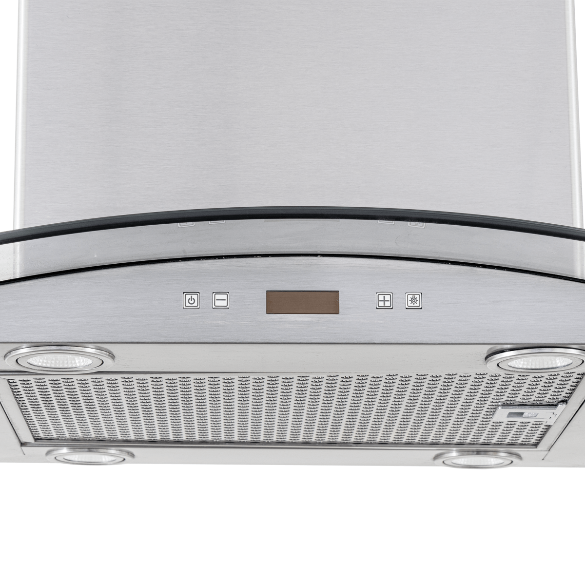 ProlineRangeHoods.com PLFI 544 stainless steel island hood with 600 CFM motor, controls, and lights, seen from below.