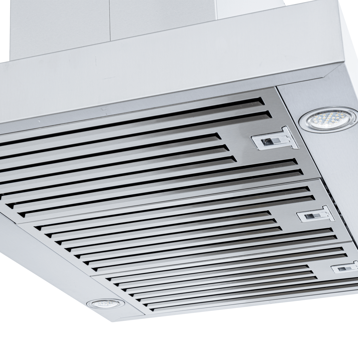 Close-up of Proline Range Hoods PLFI 750 island range hood, stainless steel, lights, vent panels. ProlineRangeHoods.com.