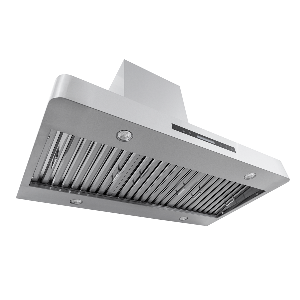 Proline PLJW 130 wall range hood has stainless finish, built-in lights, 900/1200 CFM airflow. ProlineRangeHoods.com.