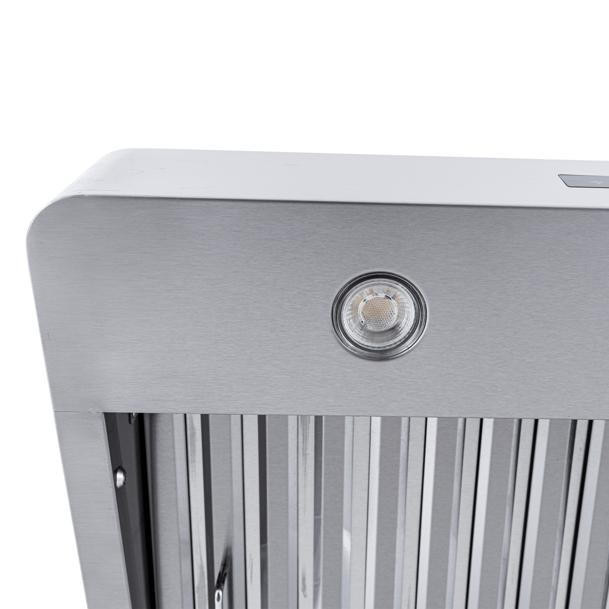 Close-up of Proline PLJW 130 stainless range hood with light and vent slats, 900/1200 CFM. ProlineRangeHoods.com.