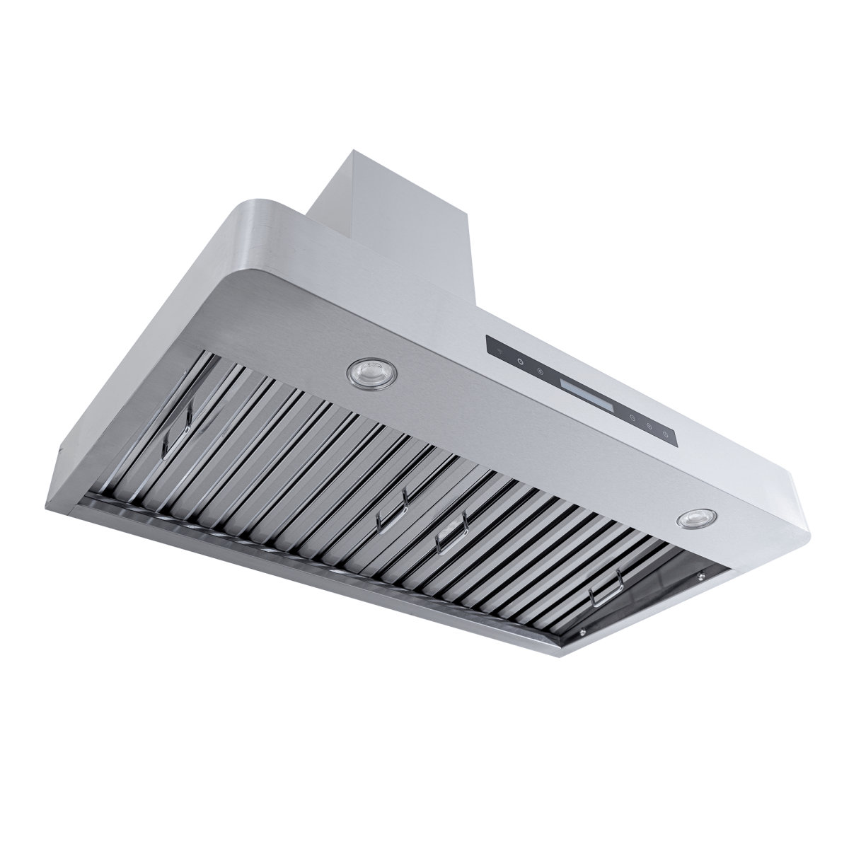 PLJW 130 stainless steel wall range hood (900/1200 CFM) with lights and vent slats. ProlineRangeHoods.com.