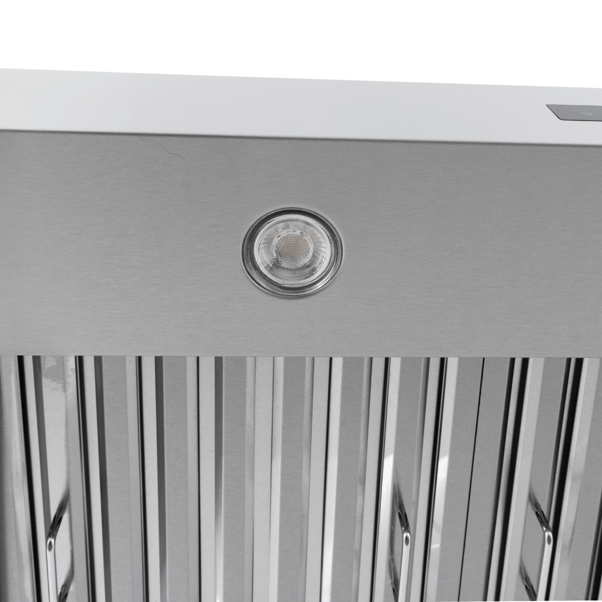 Proline PLJW 130 wall-mounted range hood in stainless steel, with round light and vent slats. ProlineRangeHoods.com.