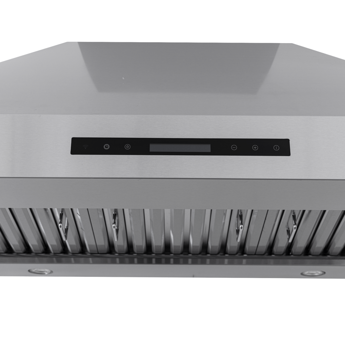 PLJW 130 ducted wall-mounted stainless steel range hood (900/1200 CFM) from ProlineRangeHoods.com with control panel and filters.
