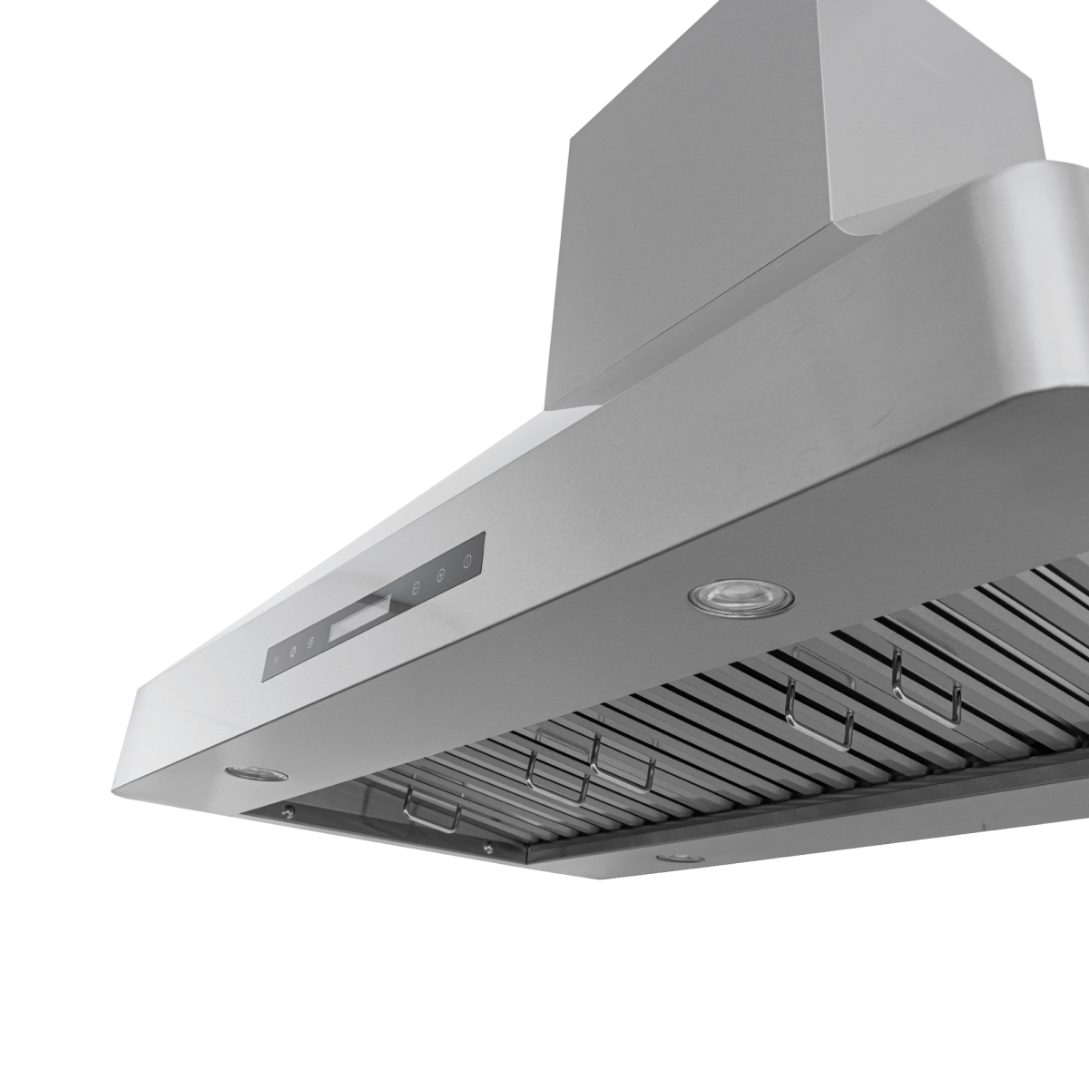 Proline PLJW 130 wall range hood: stainless, digital controls, built-in light, up to 1200 CFM. ProlineRangeHoods.com.