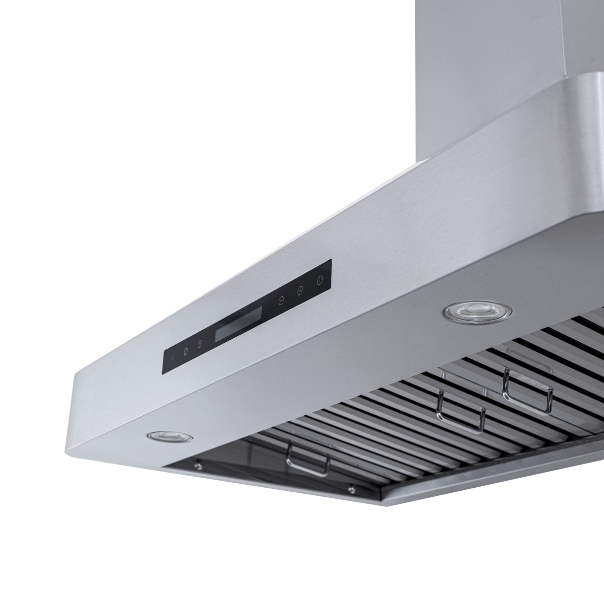 Proline PLJW 130 wall-mounted range hood, stainless steel, lights, control panel, 900/1200 CFM. ProlineRangeHoods.com.