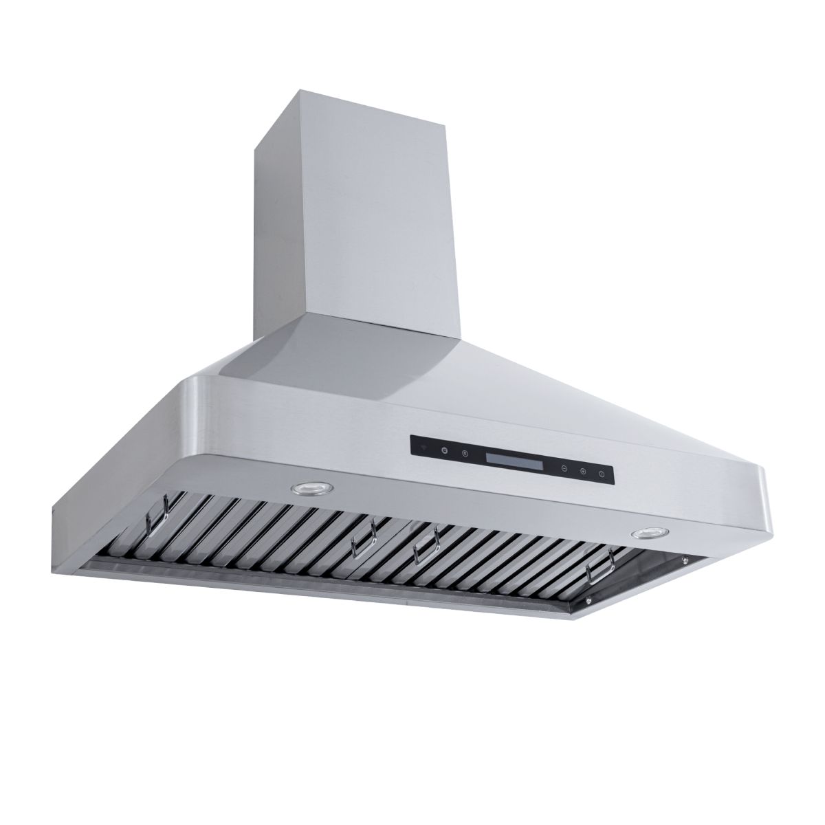 The Proline PLJW 130 wall-mounted range hood with control panel, 900/1200 CFM airflow. ProlineRangeHoods.com.