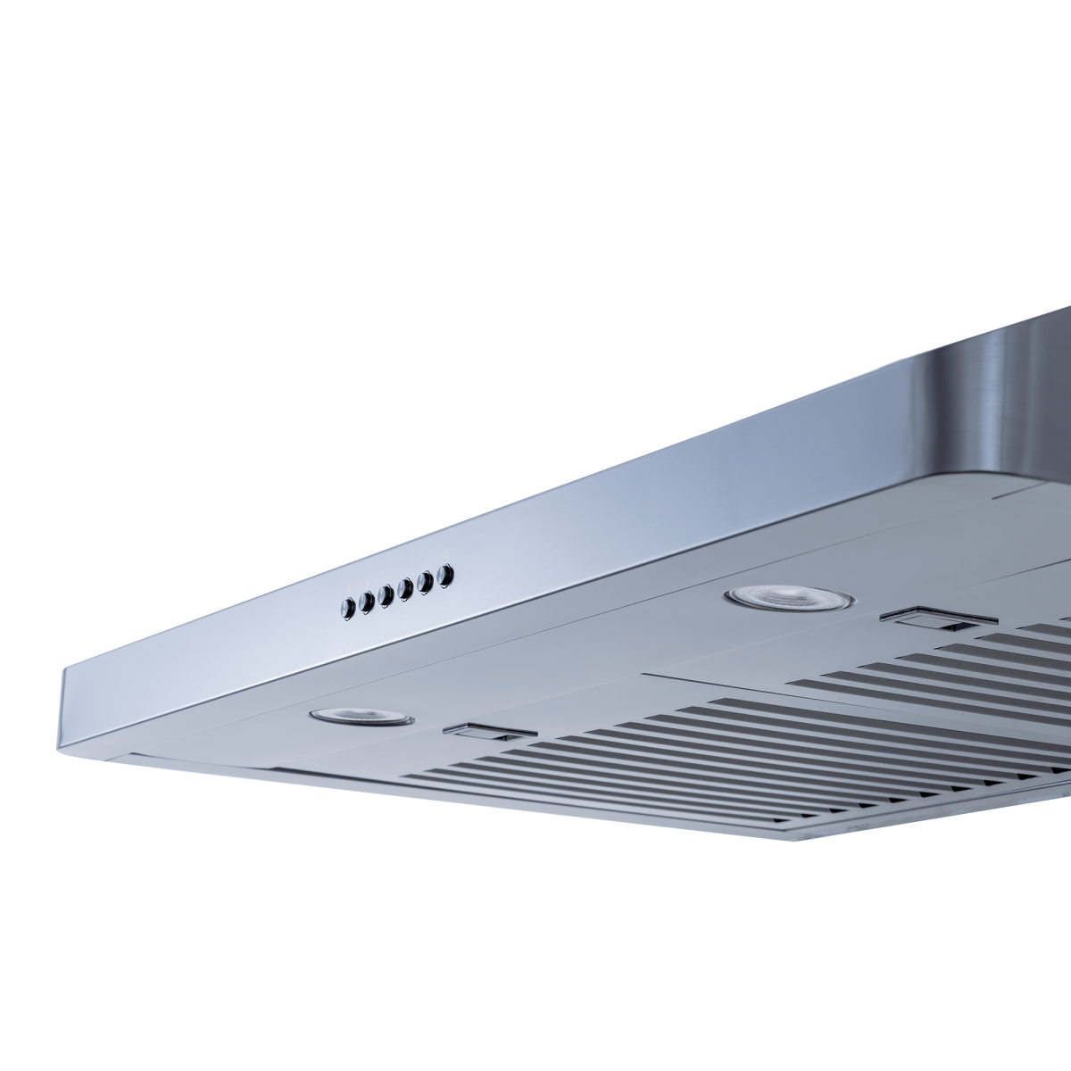PLJW 185 Slim Range Hood by ProlineRangeHoods.com, 600 CFM stainless, vent slats, lights, controls; bottom view.