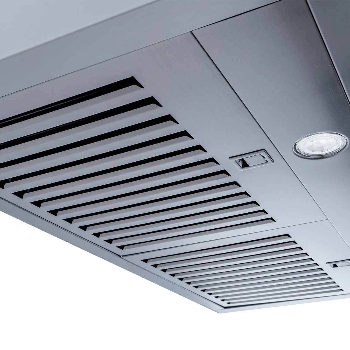 Close-up of Proline Range Hoods PLJW 185, stainless steel, 600 CFM, vent slats, ductless design. ProlineRangeHoods.com.