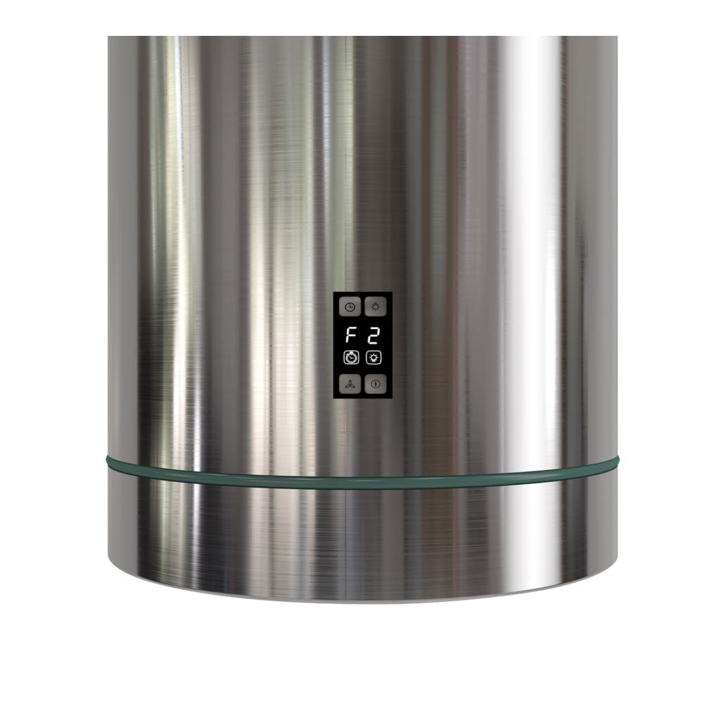 The Proline PLSI 570 Island Range Hood from ProlineRangeHoods.com, ducted with 550 CFM, features digital display "F 2".