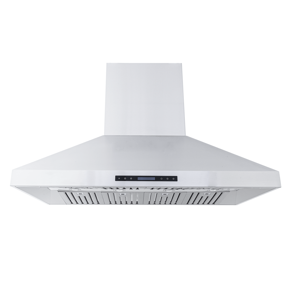 Proline ProSI Island Hood (900/1800 CFM, stainless steel) with digital panel on white. ProlineRangeHoods.com.