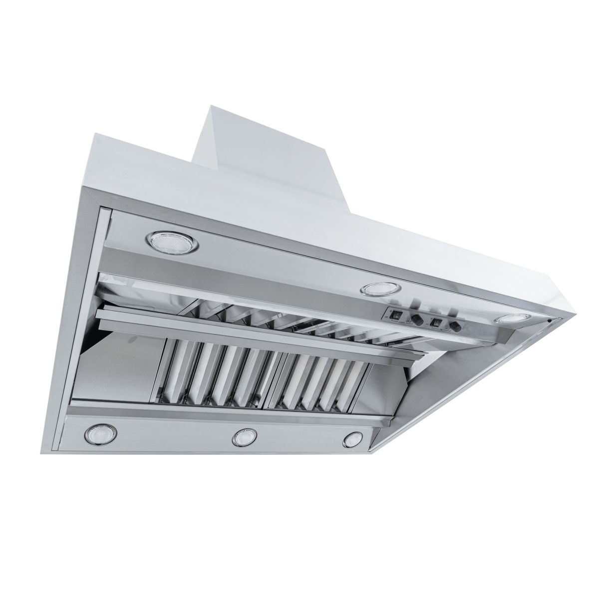 Proline ProVI Island Hood in stainless steel, lights, control panel; variable CFM, outdoor finish. ProlineRangeHoods.com.