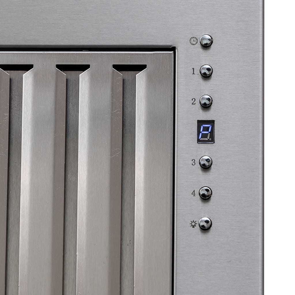 Close-up of the ProlineRangeHoods.com UMOD INS Insert Range Hood in stainless steel with 600 CFM airflow.