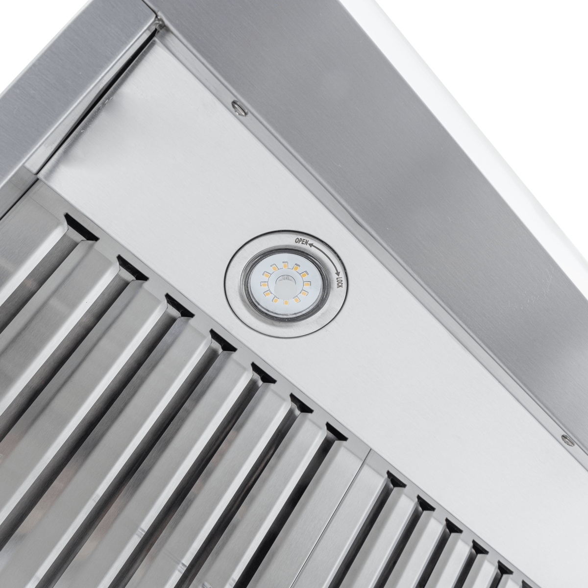 Proline PLFW 832 under-cabinet range hood in stainless, built-in gauge, 1000/2000 CFM, ProlineRangeHoods.com.
