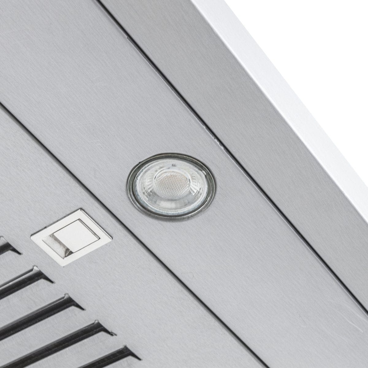 Close-up of Proline PLJW 185 Slim Range Hood, stainless steel, round light, square button. ProlineRangeHoods.com.