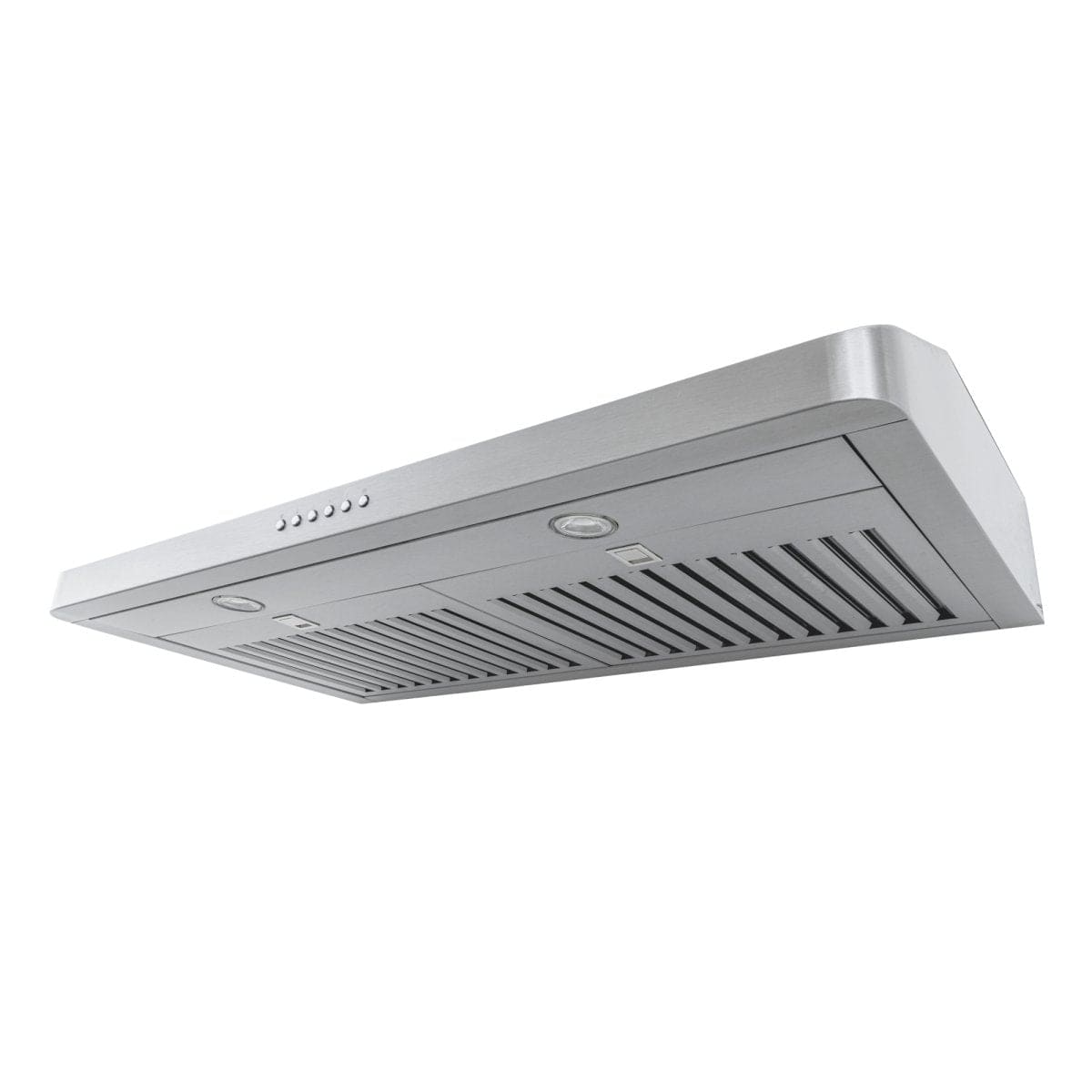 Proline PLJW 185 Slim Under-Cabinet Range Hood, 600 CFM stainless steel, shown from below. ProlineRangeHoods.com.