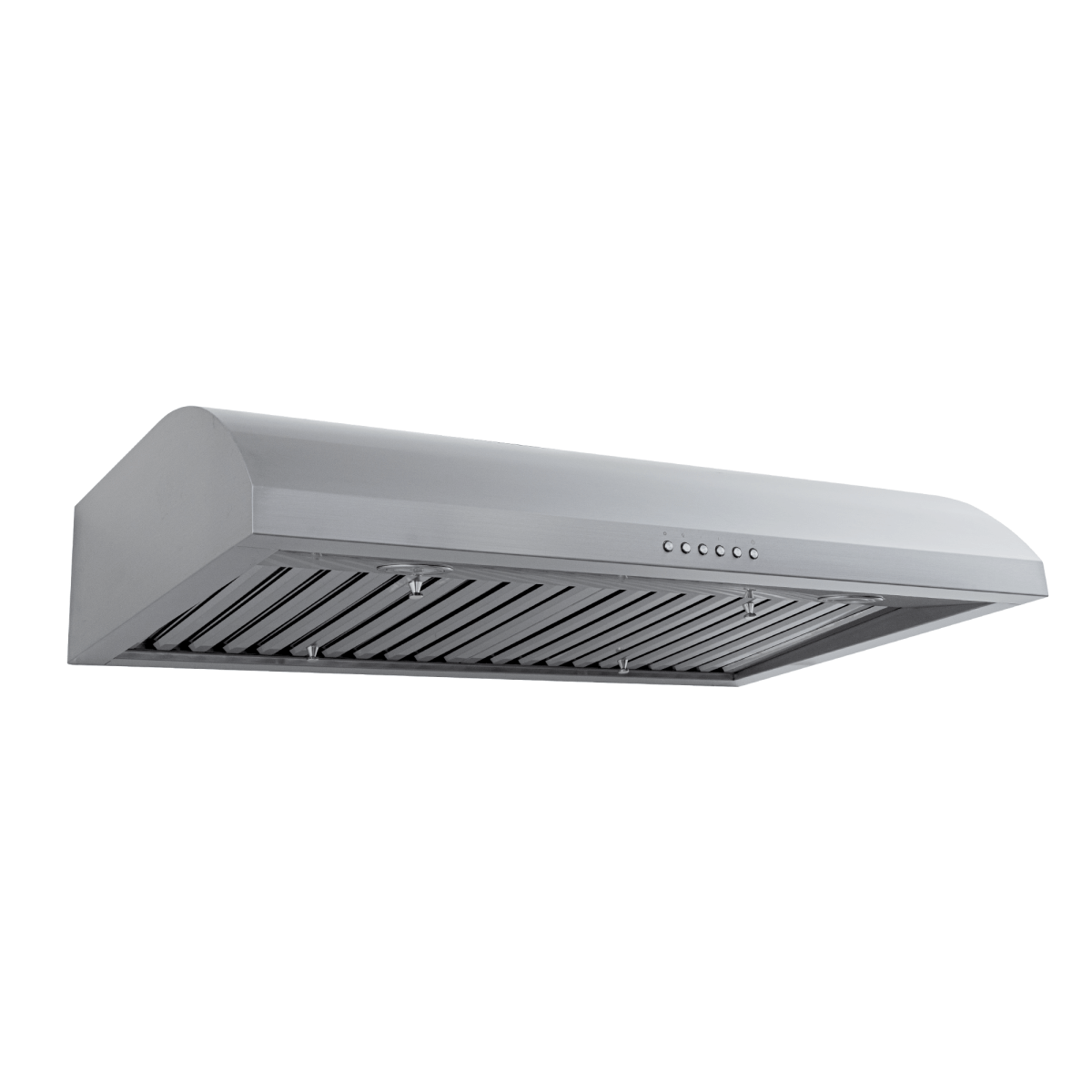 ProlineRangeHoods.com PLJW 133 stainless ductless under-cabinet hood, 900 CFM, buttons and vent slats, angled view.