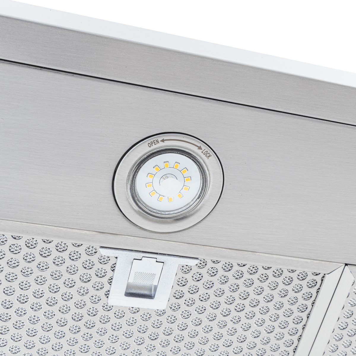 Close-up of Proline Range Hoods PLFW 520 in matte black with LED light, mesh filter; see ProlineRangeHoods.com.