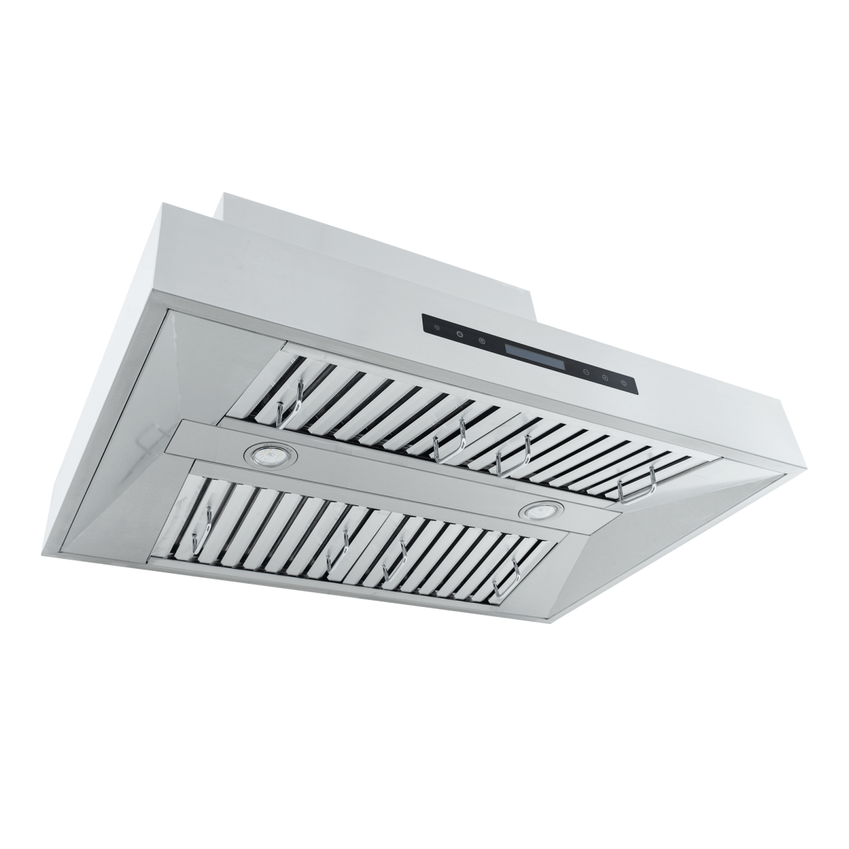 Proline PLFW 755 wall-mounted range hood with dual motors, touch panel, built-in lights. ProlineRangeHoods.com.