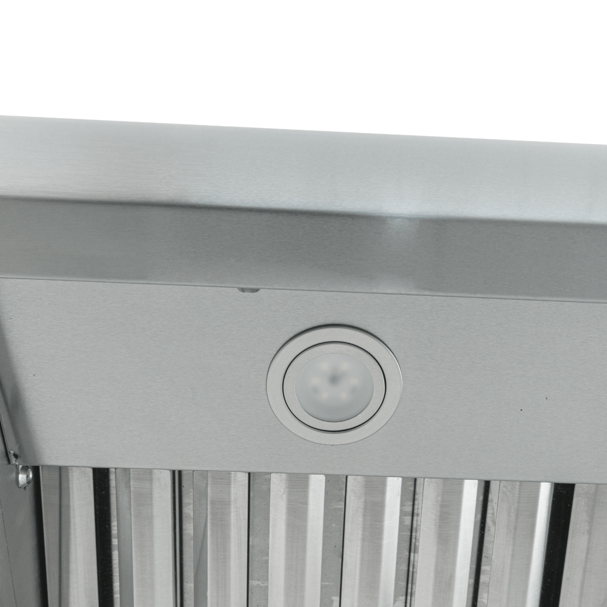 Close-up of Proline PLJW 109 WC range hood, stainless steel with LED light, 1200 CFM. ProlineRangeHoods.com.
