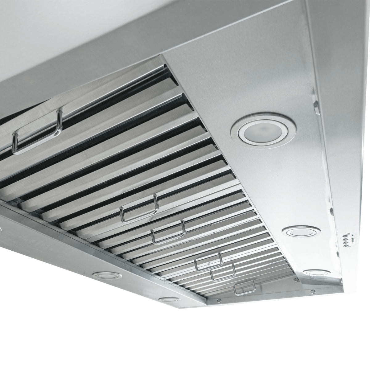 Close-up of Proline PLJW 109 WC ducted range hood, stainless finish, vents, lights—1200 CFM. ProlineRangeHoods.com.