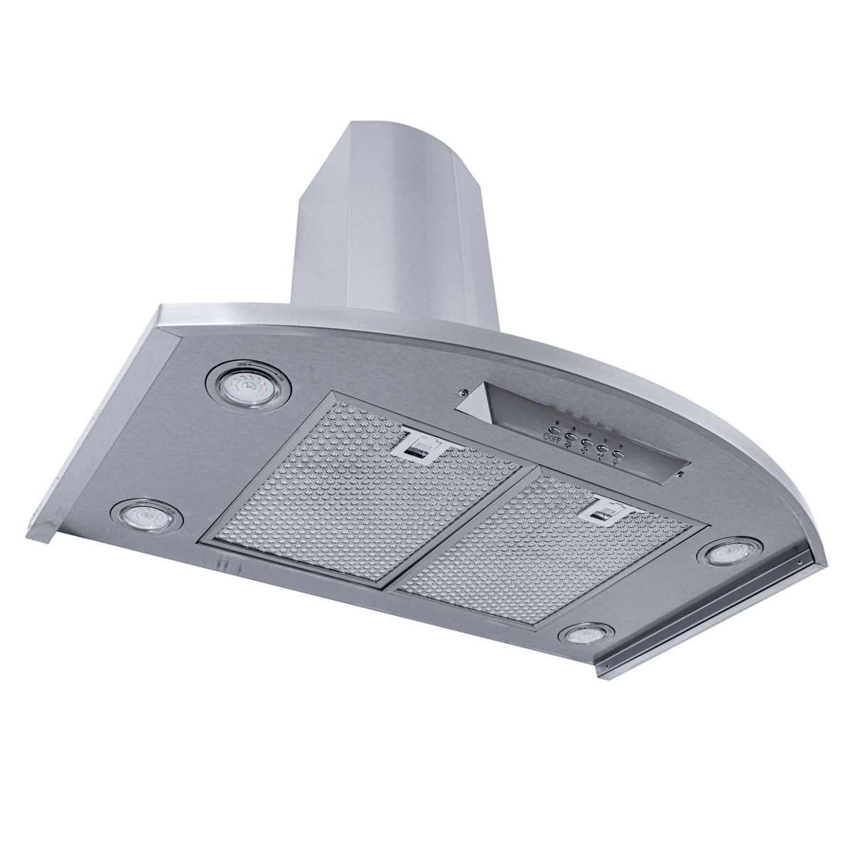 Proline's Vector wall range hood: stainless steel, buttons, 2 filters, 600 CFM. Modern style. ProlineRangeHoods.com.