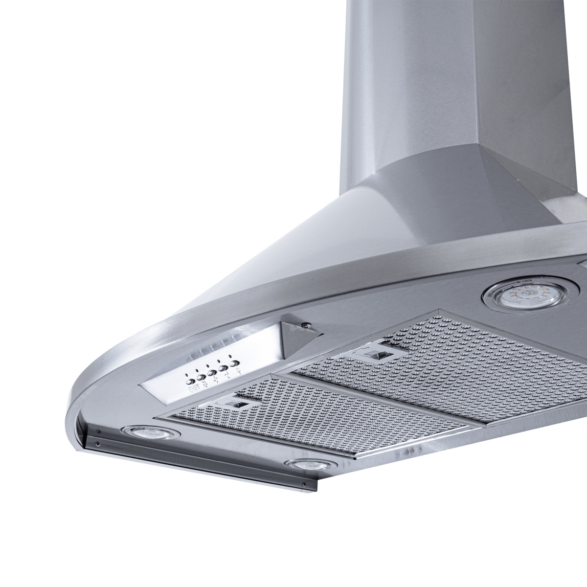 Close-up of Proline Vector Wall-Mounted Range Hood (600 CFM) in stainless steel. ProlineRangeHoods.com.