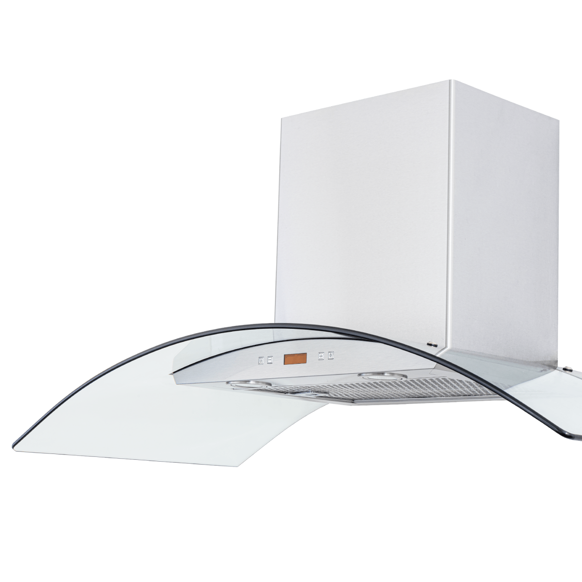 Proline PLFW 544 range hood, stainless, curved glass, digital controls, 600 CFM, ductless option. ProlineRangeHoods.com.