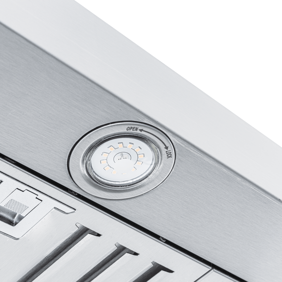 Close-up of Proline PLFW 750 range hood’s metallic control knob showing "open" and "lock". ProlineRangeHoods.com.
