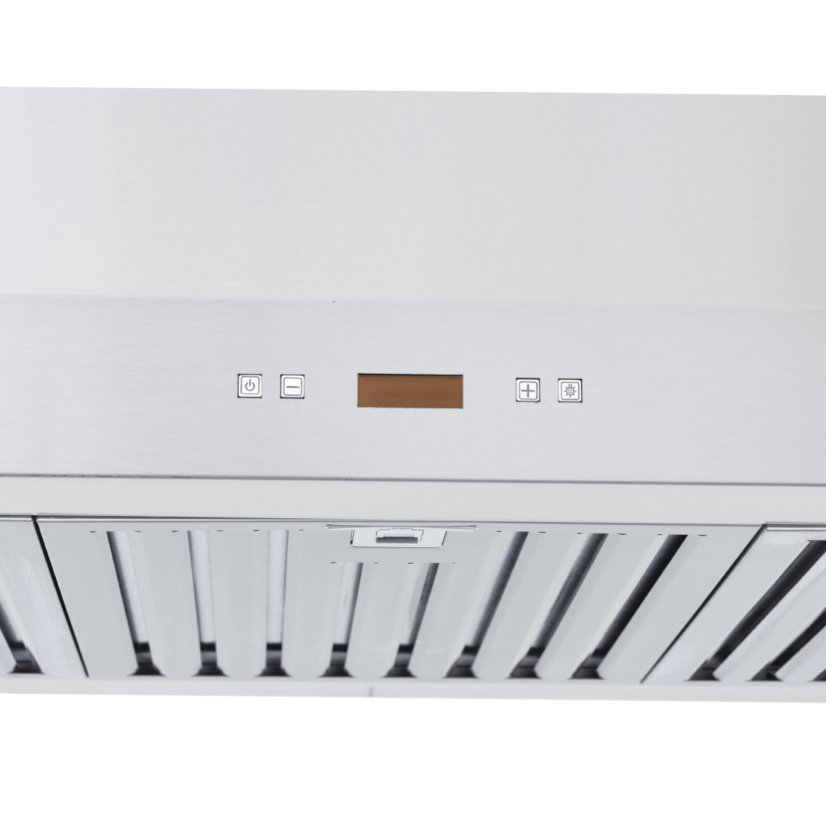 Close-up of Proline PLFW 750 wall-mounted range hood in stainless steel, control panel, digital display. ProlineRangeHoods.com.