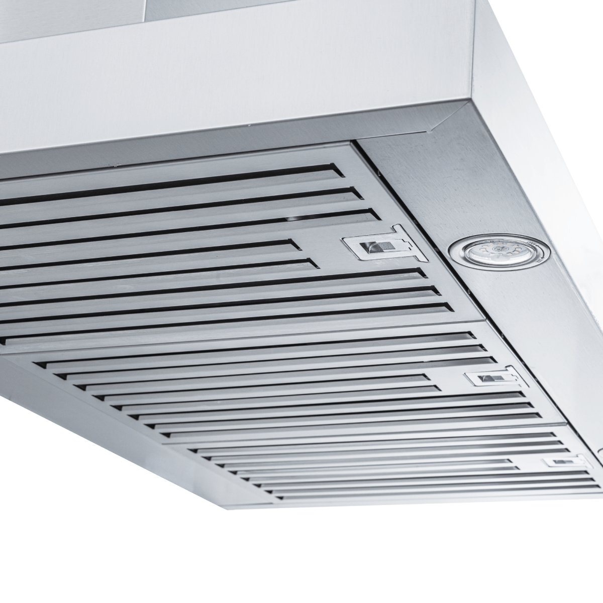 Proline PLFW 750 ducted wall-mounted range hood with stainless finish, lights, 900/1100 CFM. ProlineRangeHoods.com.