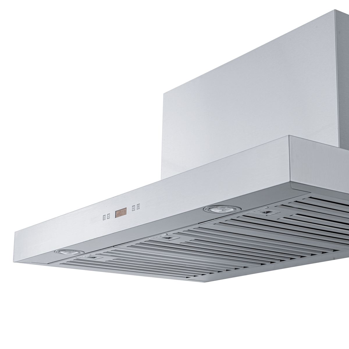 Proline PLFW 750 wall range hood with vent slats, lights, 900/1100 CFM airflow, stainless steel; ProlineRangeHoods.com.