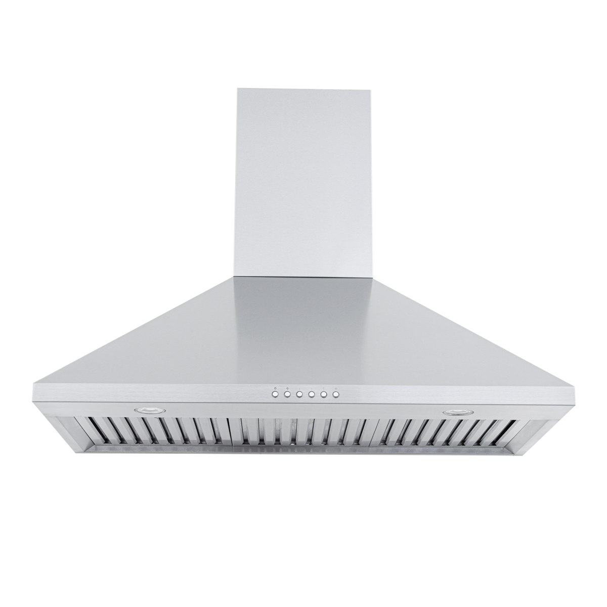 ProlineRangeHoods.com PLGW 129 SC wall-mounted stainless steel range hood, 900/1200 CFM, front view on white.