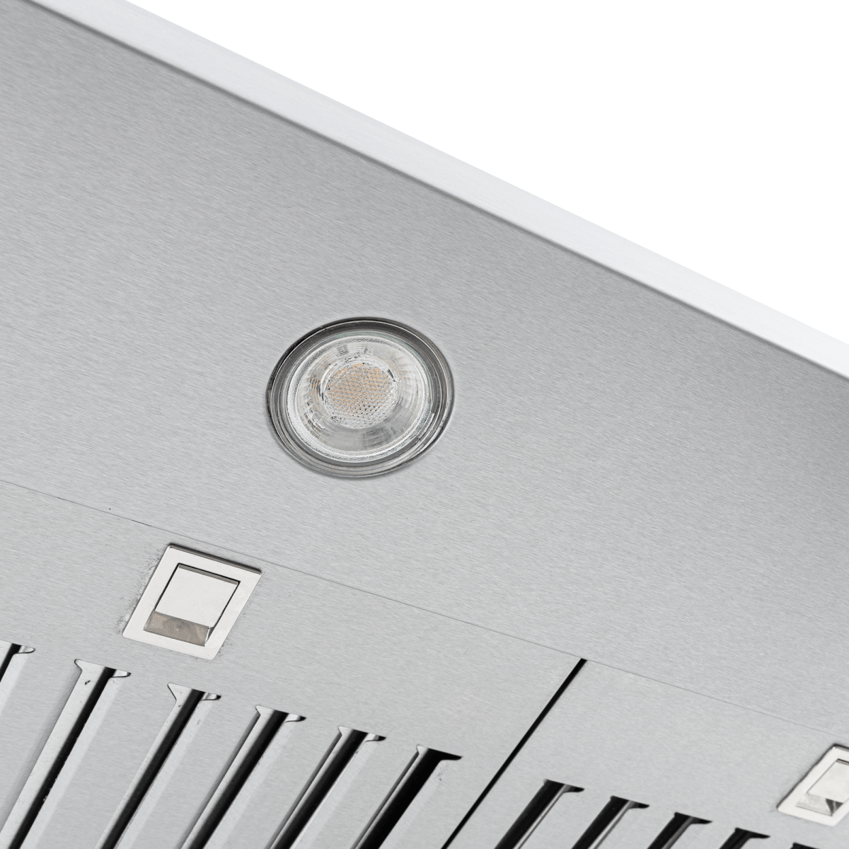 Close-up of Proline PLGW 129 SC stainless steel range hood, 900/1200 CFM, light, controls. ProlineRangeHoods.com.