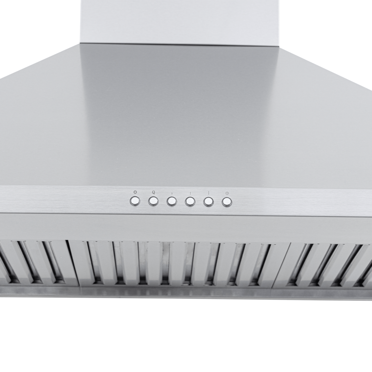 Close-up of Proline Range Hoods PLGW 129 SC, stainless steel, wall mount, ducted 900/1200 CFM. ProlineRangeHoods.com.