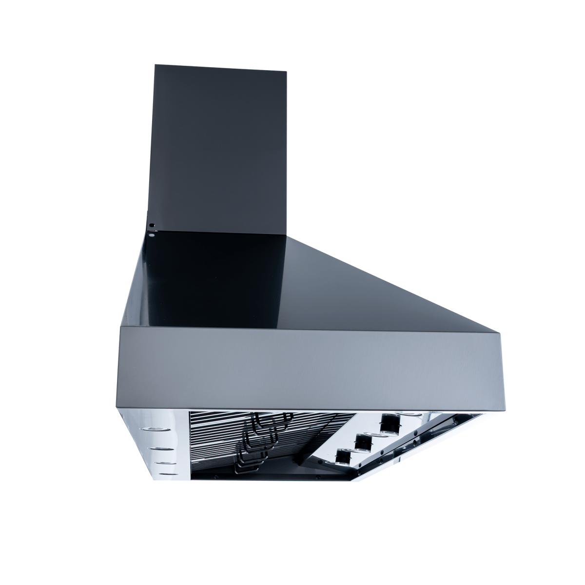 Proline PLJW 104 wall-mounted range hood with stainless design, dual 1200 CFM blowers, shown low angle. ProlineRangeHoods.com.