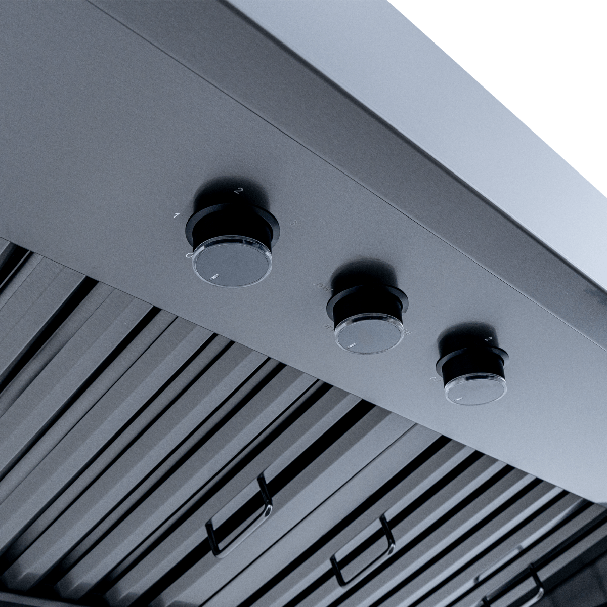 Close-up of three control knobs on Proline PLJW 104 Range Hood, stainless steel, outdoor finish. ProlineRangeHoods.com.