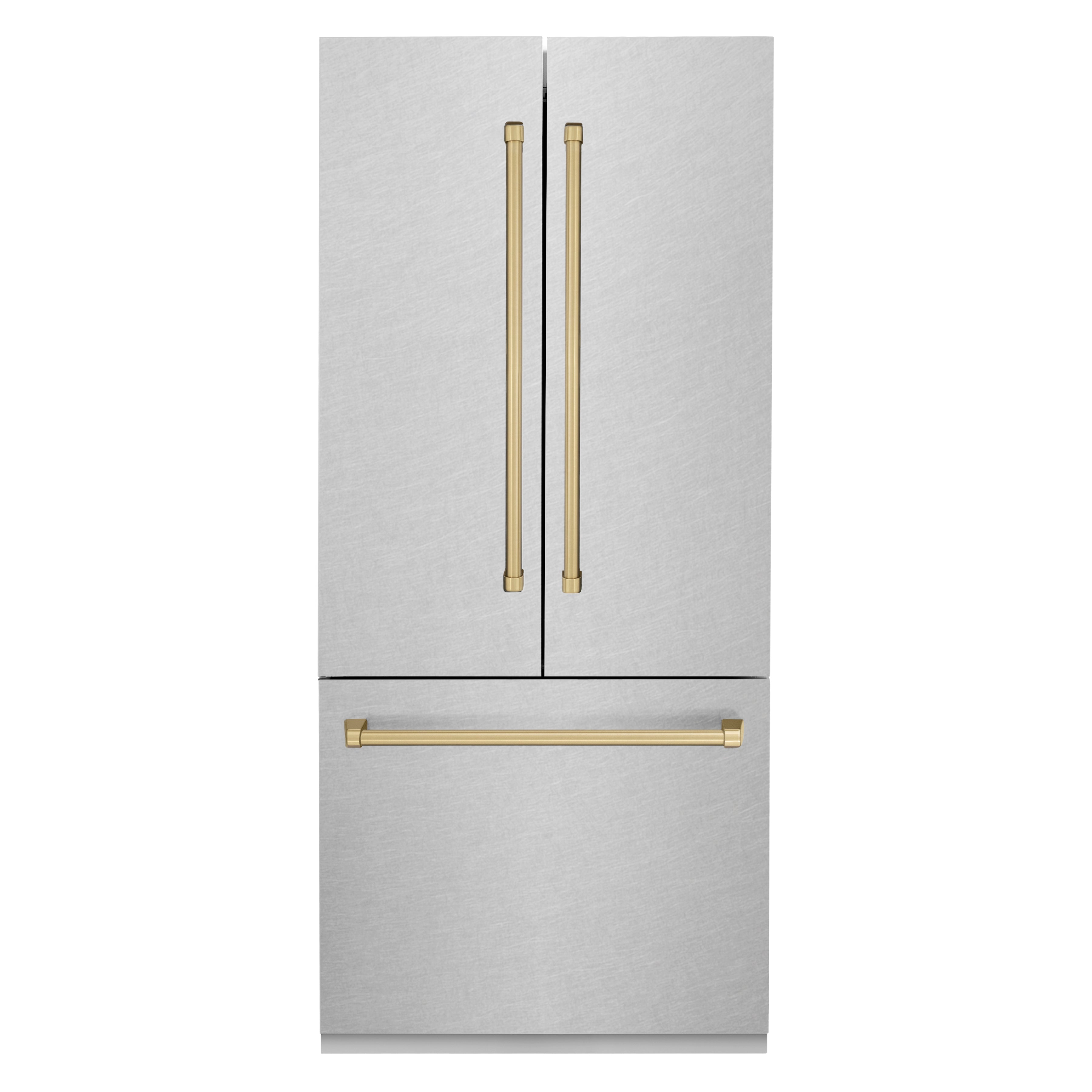 ZLINE Autograph Edition 36 in. 19.6 cu. ft. French Door Built-In Bottom Freezer Refrigerator with Water Dispenser and Ice Maker in Satin Stainless Steel with Champagne Bronze Accents (RBIVZ-SN-36-CB)