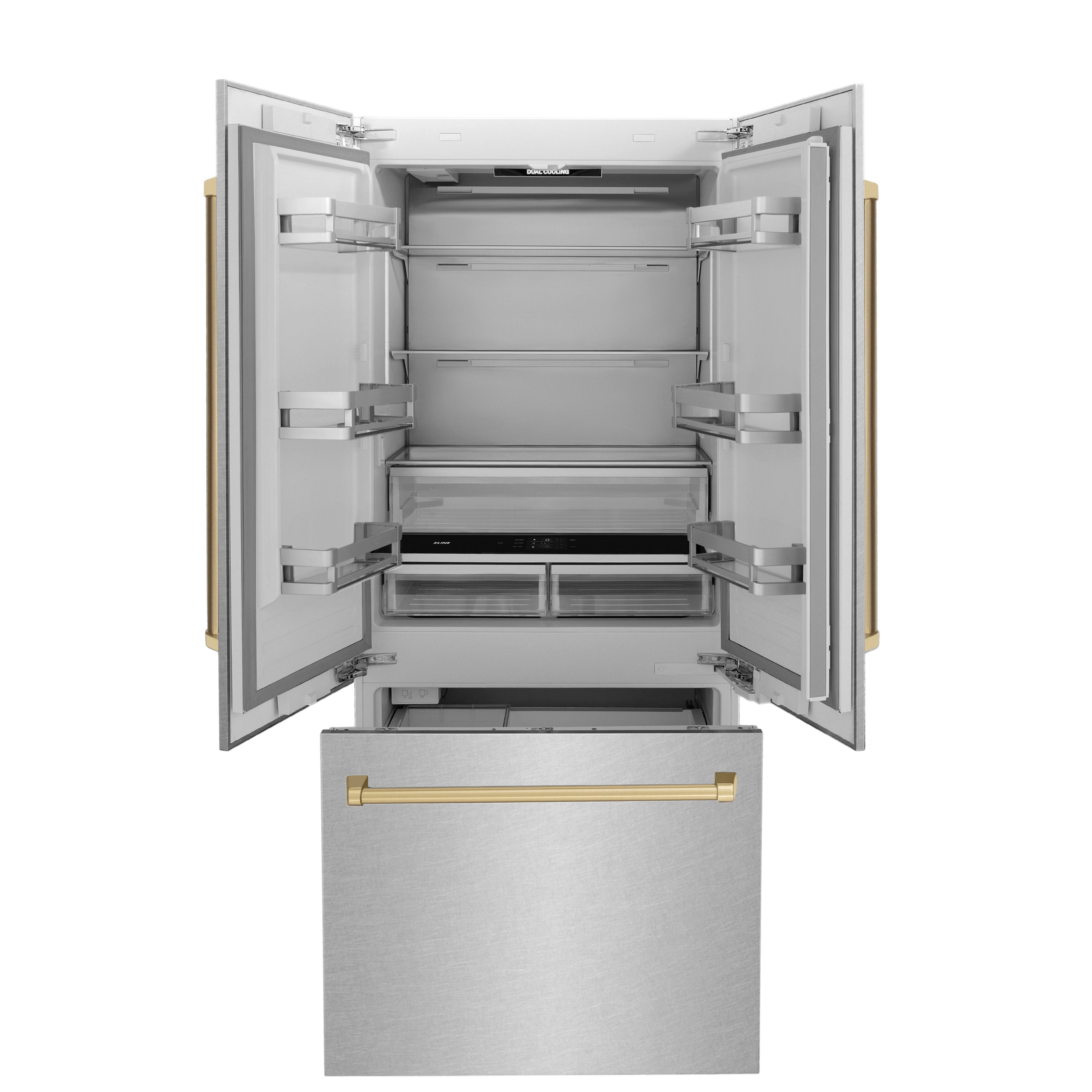 ZLINE Autograph Edition 36 in. 19.6 cu. ft. French Door Built-In Bottom Freezer Refrigerator with Water Dispenser and Ice Maker in Satin Stainless Steel with Champagne Bronze Accents (RBIVZ-SN-36-CB)