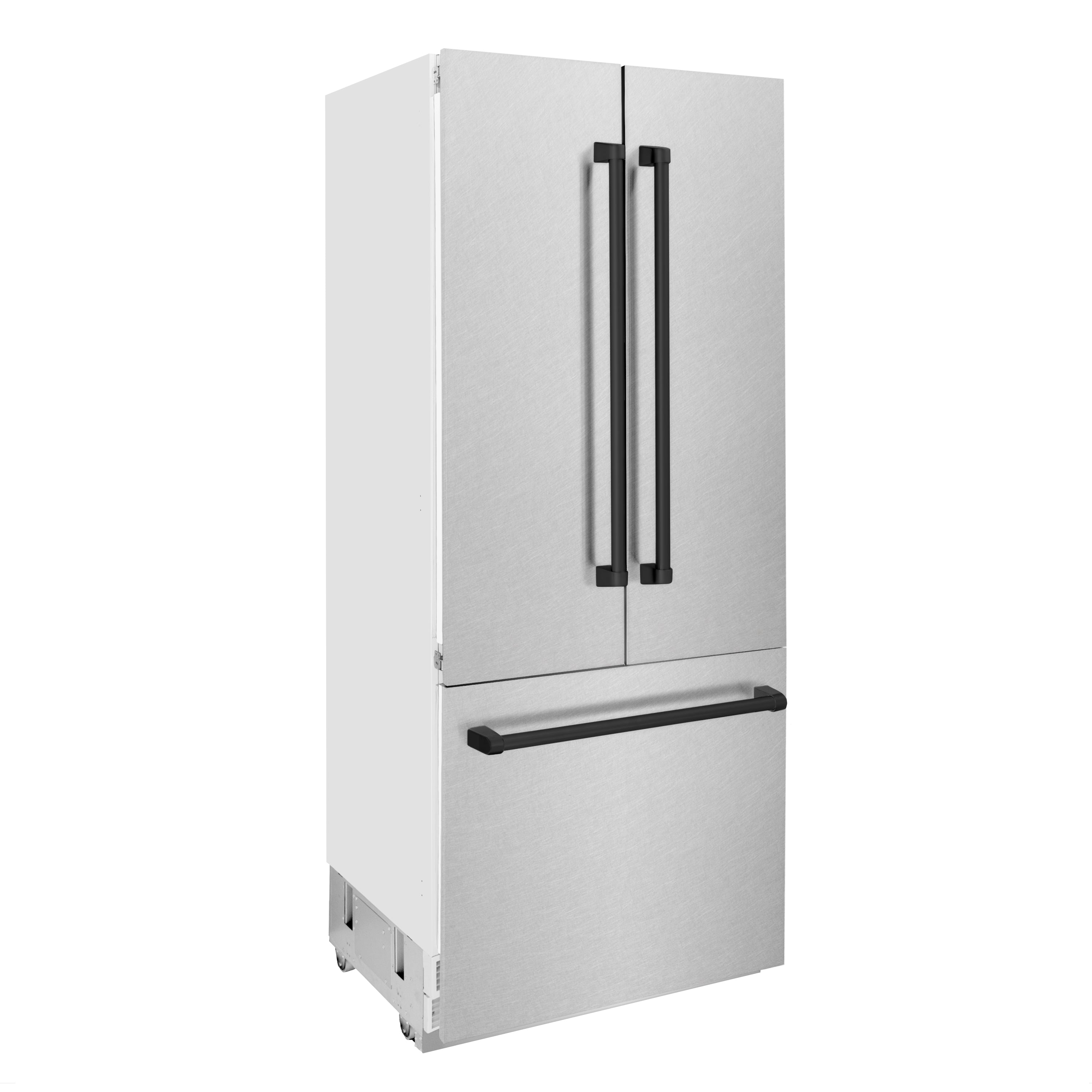 ZLINE Autograph Edition 36 in. 19.6 cu. ft. French Door Built-In Bottom Freezer Refrigerator with Water Dispenser and Ice Maker in Satin Stainless Steel with Matte Black Accents (RBIVZ-SN-36-MB)