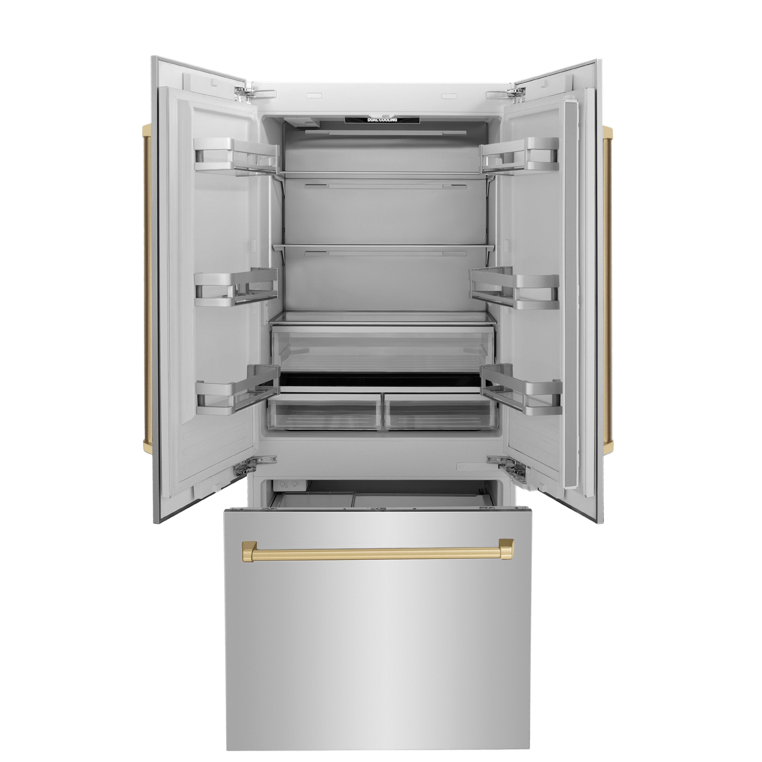 ZLINE Autograph Edition 36 in. 19.6 cu. ft. French Door Built-In Bottom Freezer Refrigerator with Water Dispenser and Ice Maker in Stainless Steel with Champagne Bronze Accents (RBIVZ-304-36-CB)