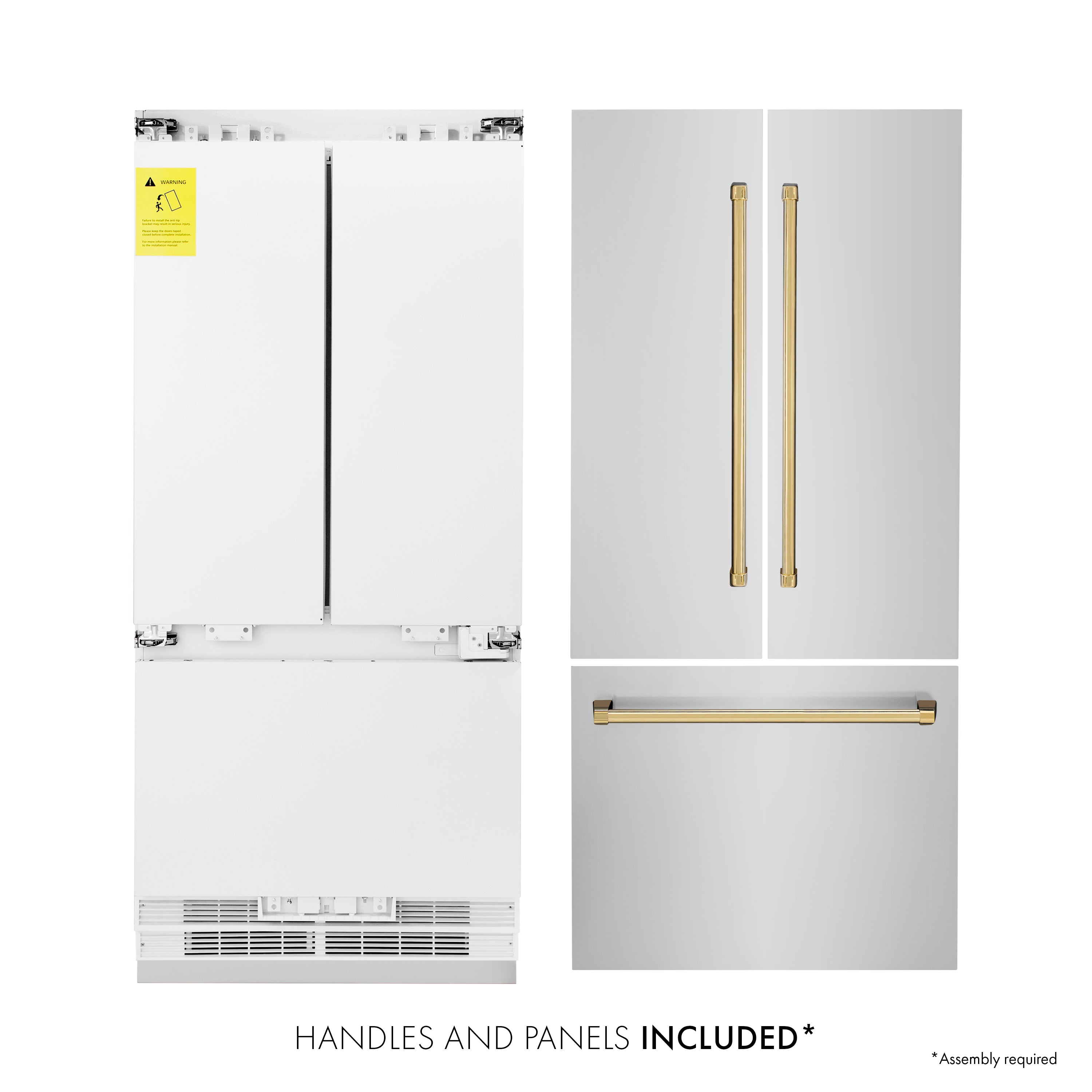 ZLINE Autograph Edition 36 in. 19.6 cu. ft. French Door Built-In Bottom Freezer Refrigerator with Water Dispenser and Ice Maker in Stainless Steel with Polished Gold Accents (RBIVZ-304-36-G)