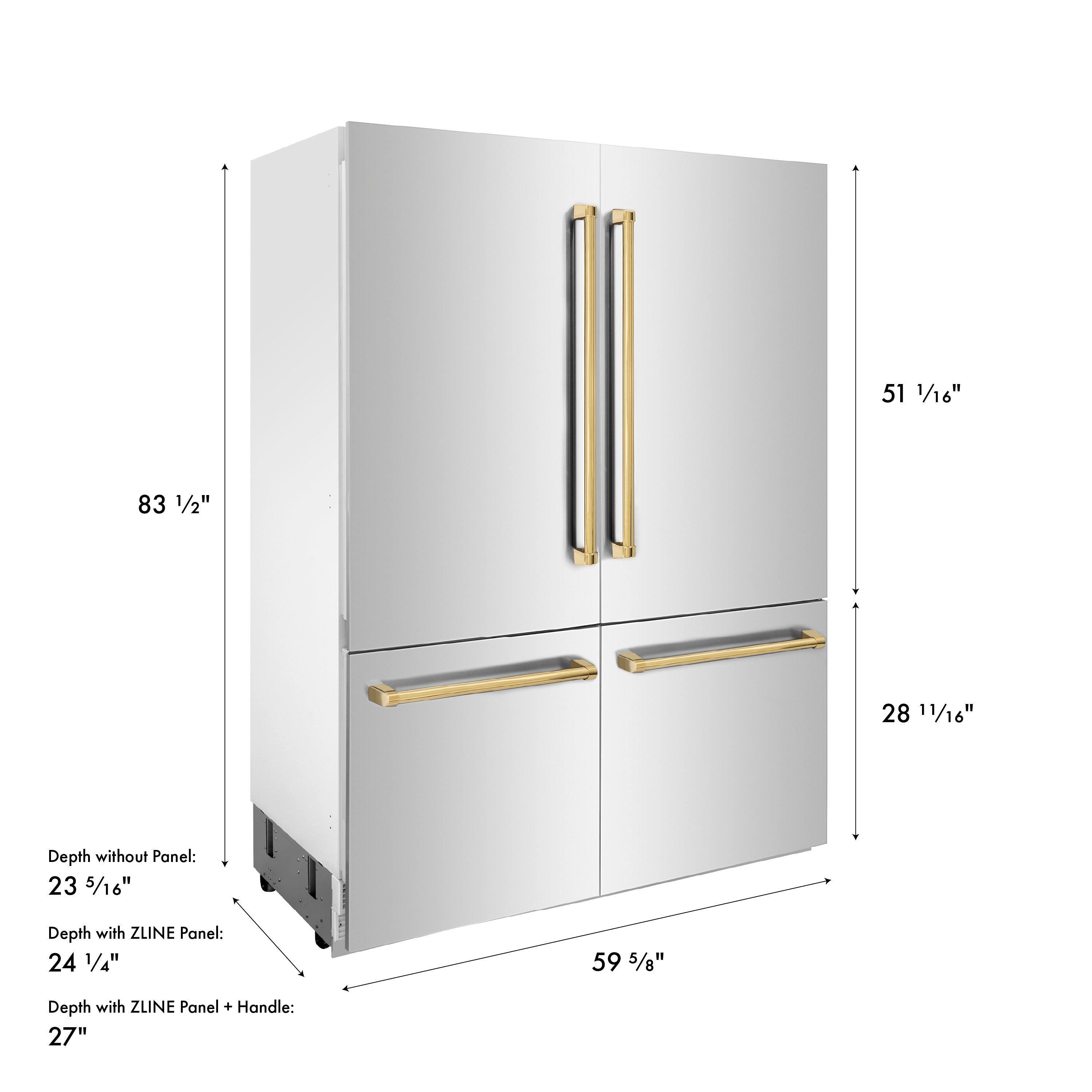 ZLINE Autograph Edition 60 in. 32.2 cu. ft. French Door Built-In Bottom Freezer Refrigerator with Water Dispenser and Ice Maker in Stainless Steel with Polished Gold Accents (RBIVZ-304-60-G)