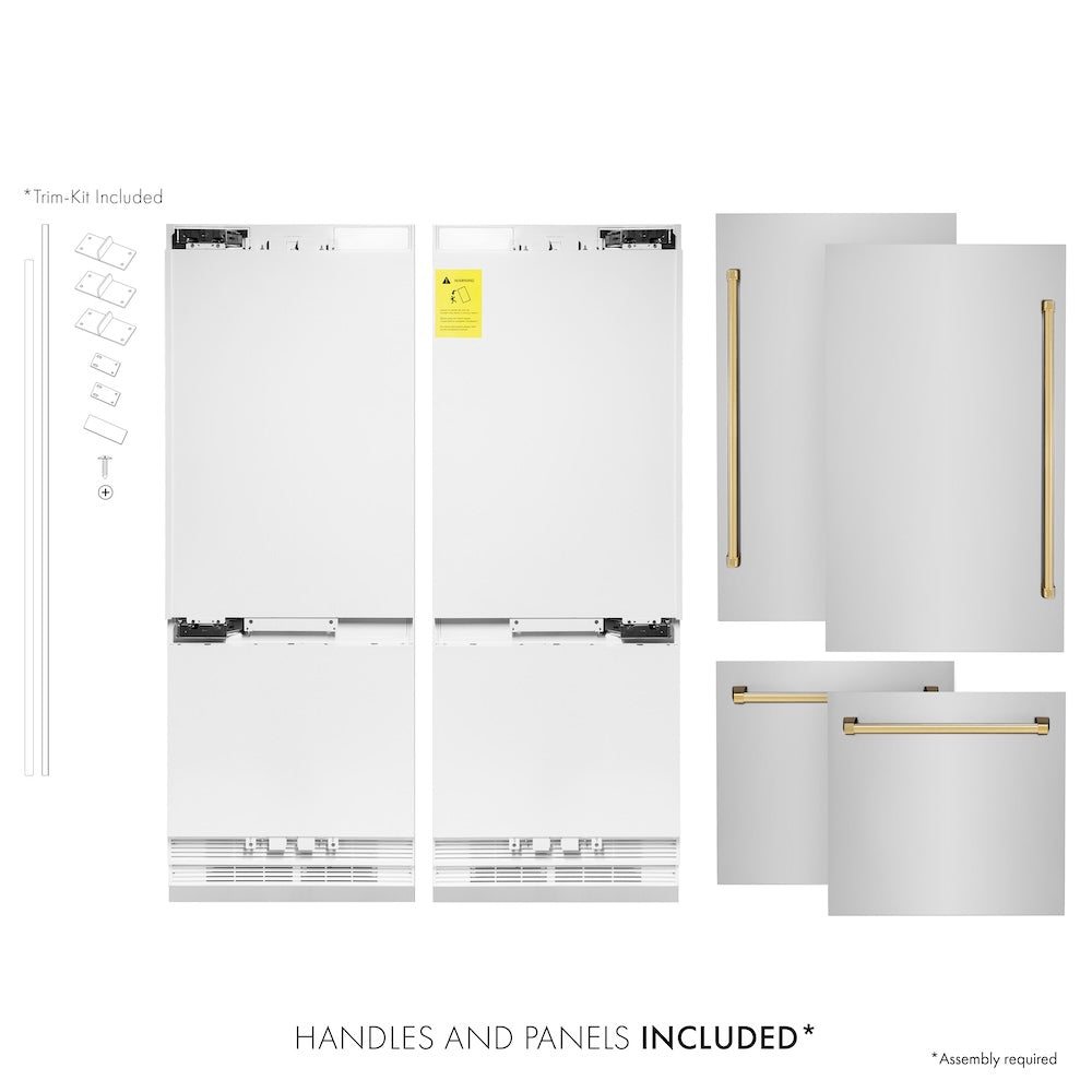 ZLINE Autograph Edition 60 in. 32.2 cu. ft. French Door Built-In Bottom Freezer Refrigerator with Water Dispenser and Ice Maker in Stainless Steel with Polished Gold Accents (RBIVZ-304-60-G)
