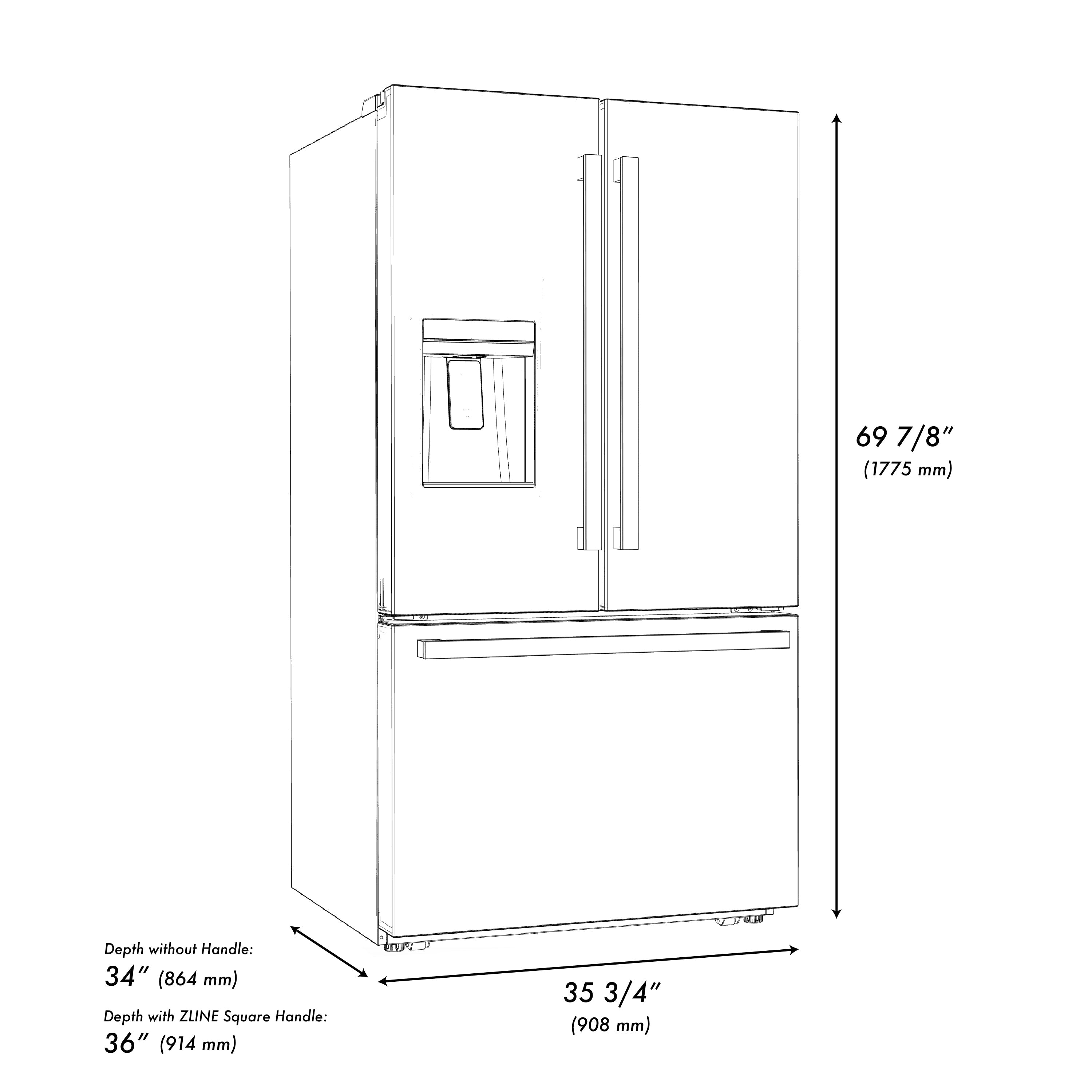 ZLINE Autograph Edition 36 in. 28.9 cu. ft. Standard-Depth French Door External Water Dispenser Refrigerator with Dual Ice Maker in Black Stainless Steel and Champagne Bronze Square Handles (RSMZ-W-36-BS-FCB)