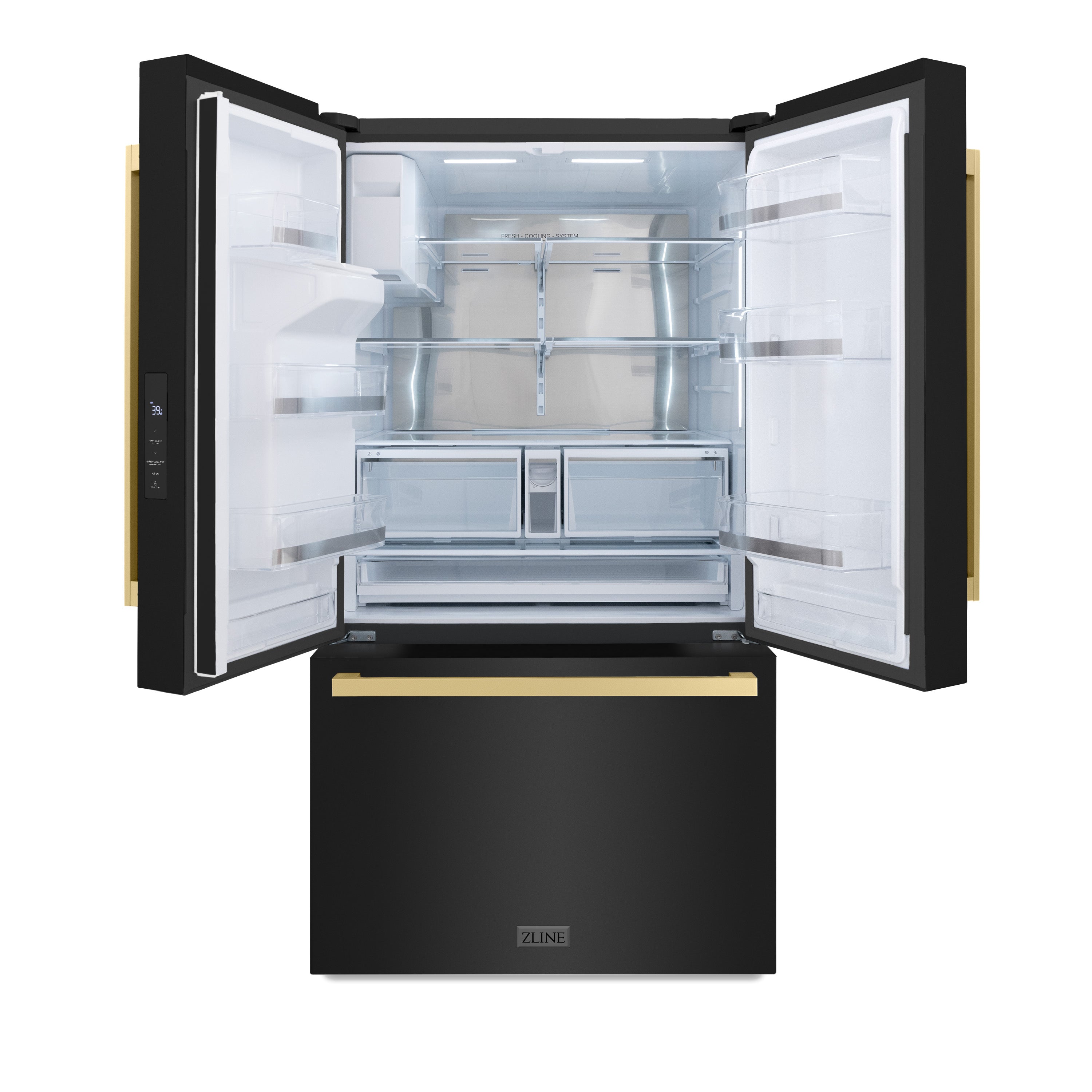 ZLINE Autograph Edition 36 in. 28.9 cu. ft. Standard-Depth French Door External Water Dispenser Refrigerator with Dual Ice Maker in Black Stainless Steel and Champagne Bronze Square Handles (RSMZ-W-36-BS-FCB)