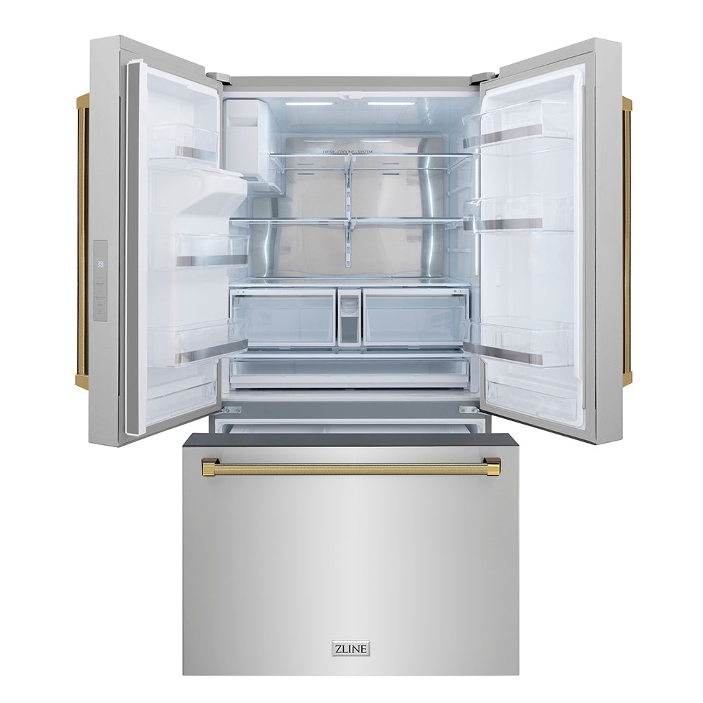 ZLINE Autograph Edition 36 in. 28.9 cu. ft. Standard-Depth French Door External Water Dispenser Refrigerator with Dual Ice Maker in Fingerprint-Resistant Stainless Steel and Polished Gold Helix Handles (RSMZ-W-36-KG)