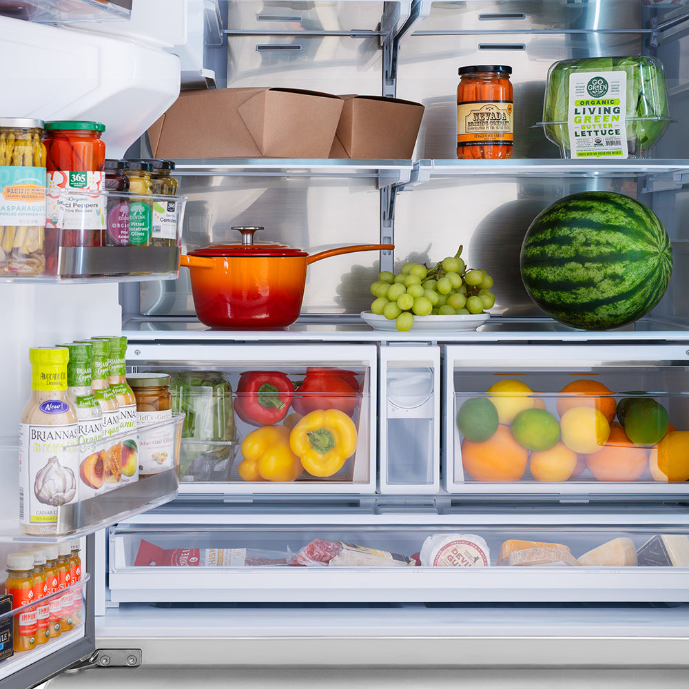 ZLINE Autograph Edition 36 in. 28.9 cu. ft. Standard-Depth French Door External Water Dispenser Refrigerator with Dual Ice Maker in Fingerprint-Resistant Stainless Steel and Polished Gold Helix Handles (RSMZ-W-36-KG)