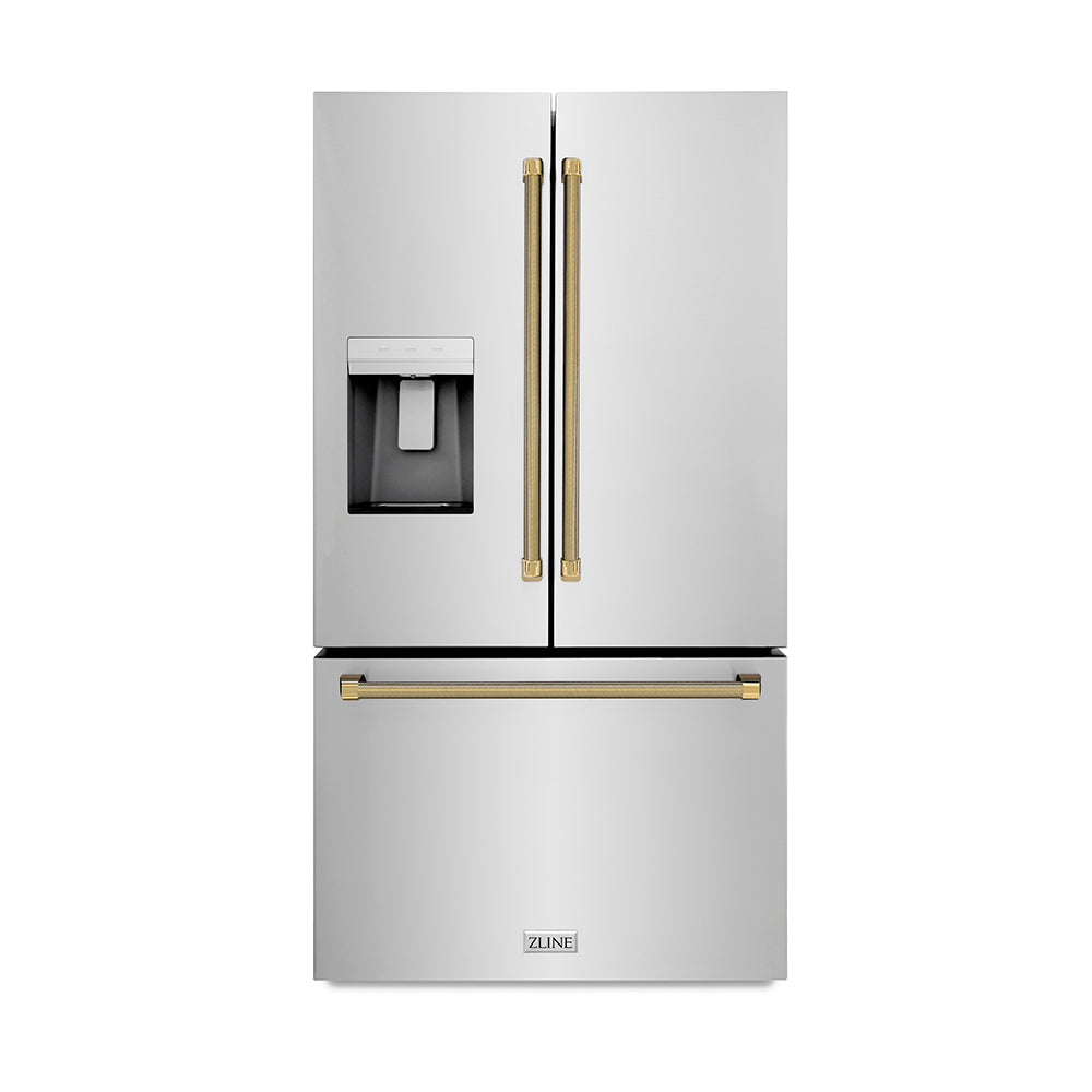 ZLINE Autograph Edition 36 in. 28.9 cu. ft. Standard-Depth French Door External Water Dispenser Refrigerator with Dual Ice Maker in Fingerprint-Resistant Stainless Steel and Polished Gold Helix Handles (RSMZ-W-36-KG)