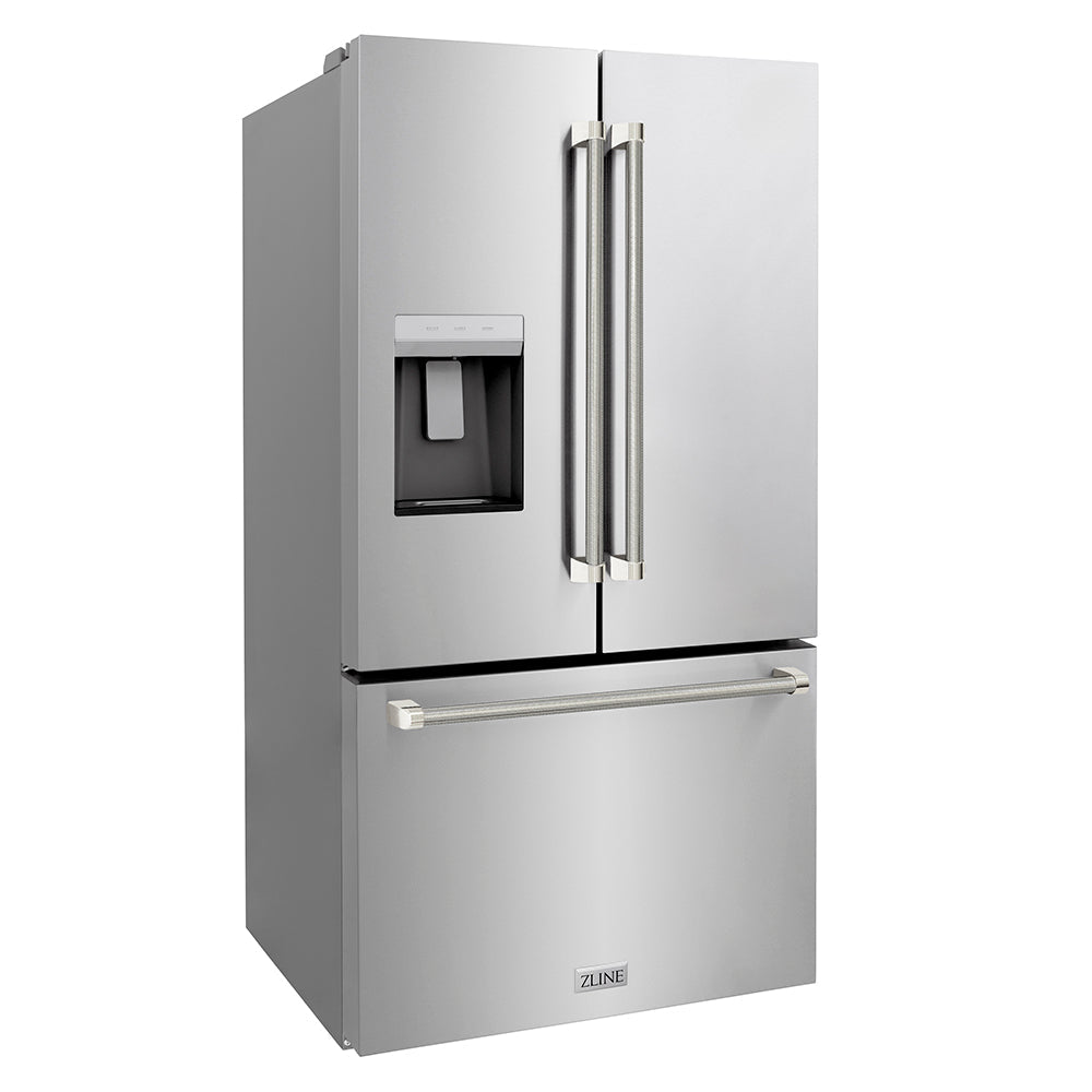 ZLINE Autograph Edition 36 in. 28.9 cu. ft. Standard-Depth French Door External Water Dispenser Refrigerator with Dual Ice Maker in Fingerprint-Resistant Stainless Steel and Polished Nickel Helix Handles (RSMZ-W-36-KPN)